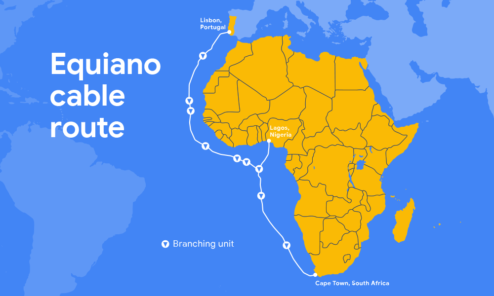 Equiano’s planned route and branching units, from which additional potential landings can be built.