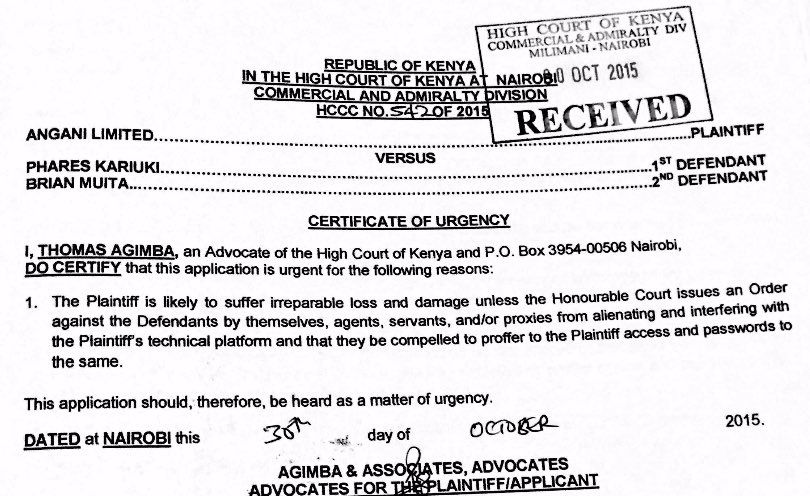 Angani's court order against Phares Kariuki and Brian Muita.