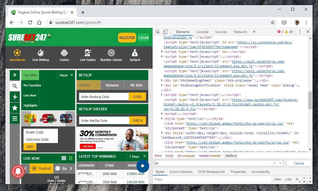 SureBet247's website code references a BtoBet CDN (Content Delivery Network) along with many other BtoBet style sheets and JavaScript code.