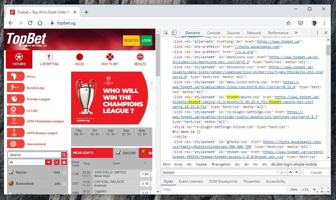 Not only does it look similar to SureBet247's betting website, TopBet Uganda references some BtoBet scripts in its code.